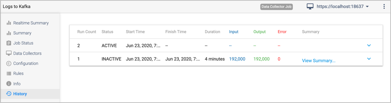 Sample History tab showing two job runs