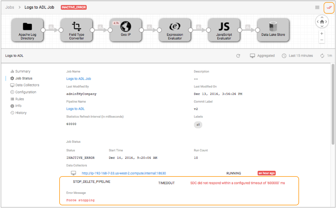 Acknowledging errors when monitoring a job